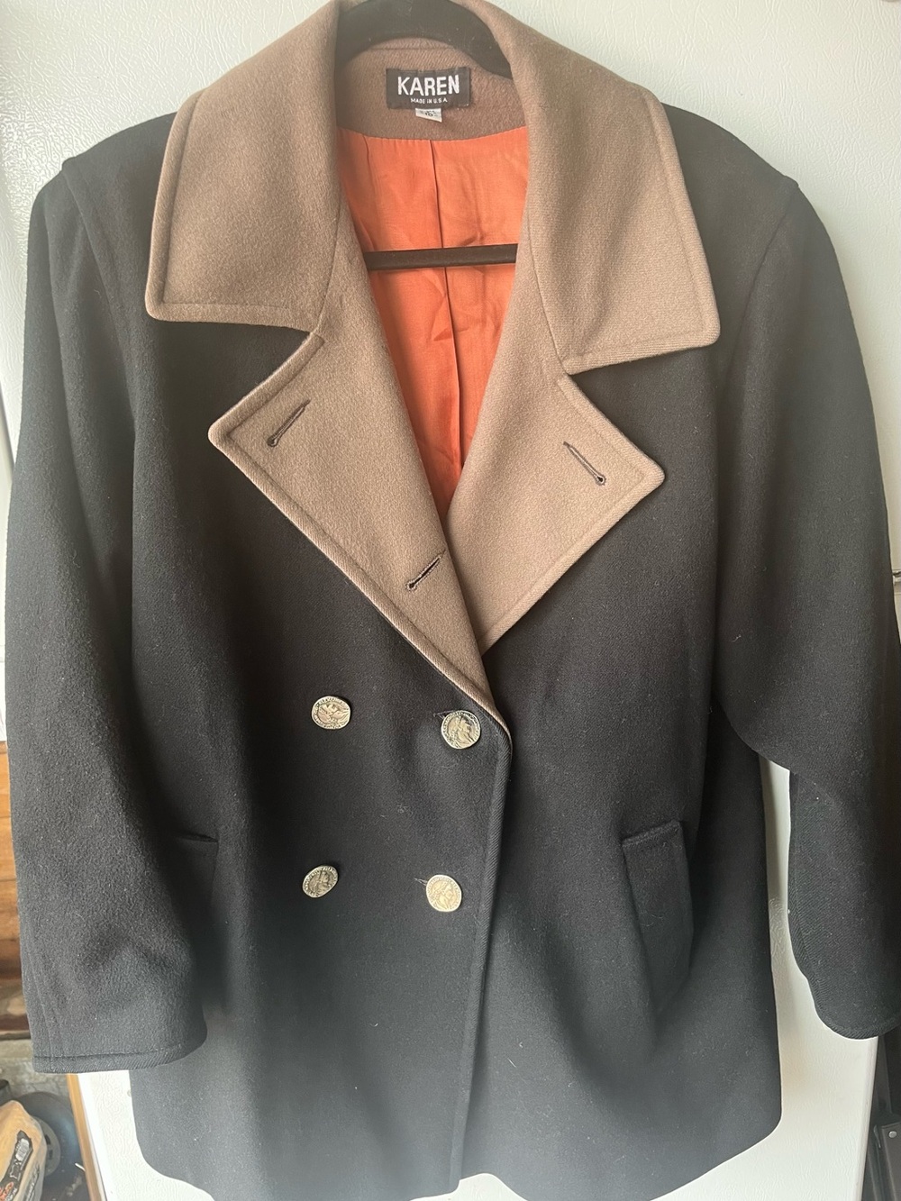 Vintage Black Pea Coat with Tan Collar made USA